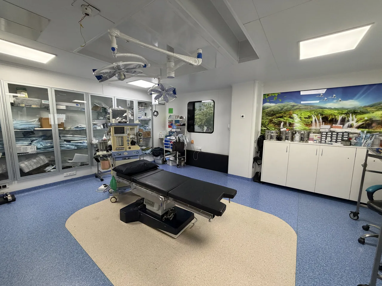 Modular operation theatre with a fully articulating table and overhead surgical lights